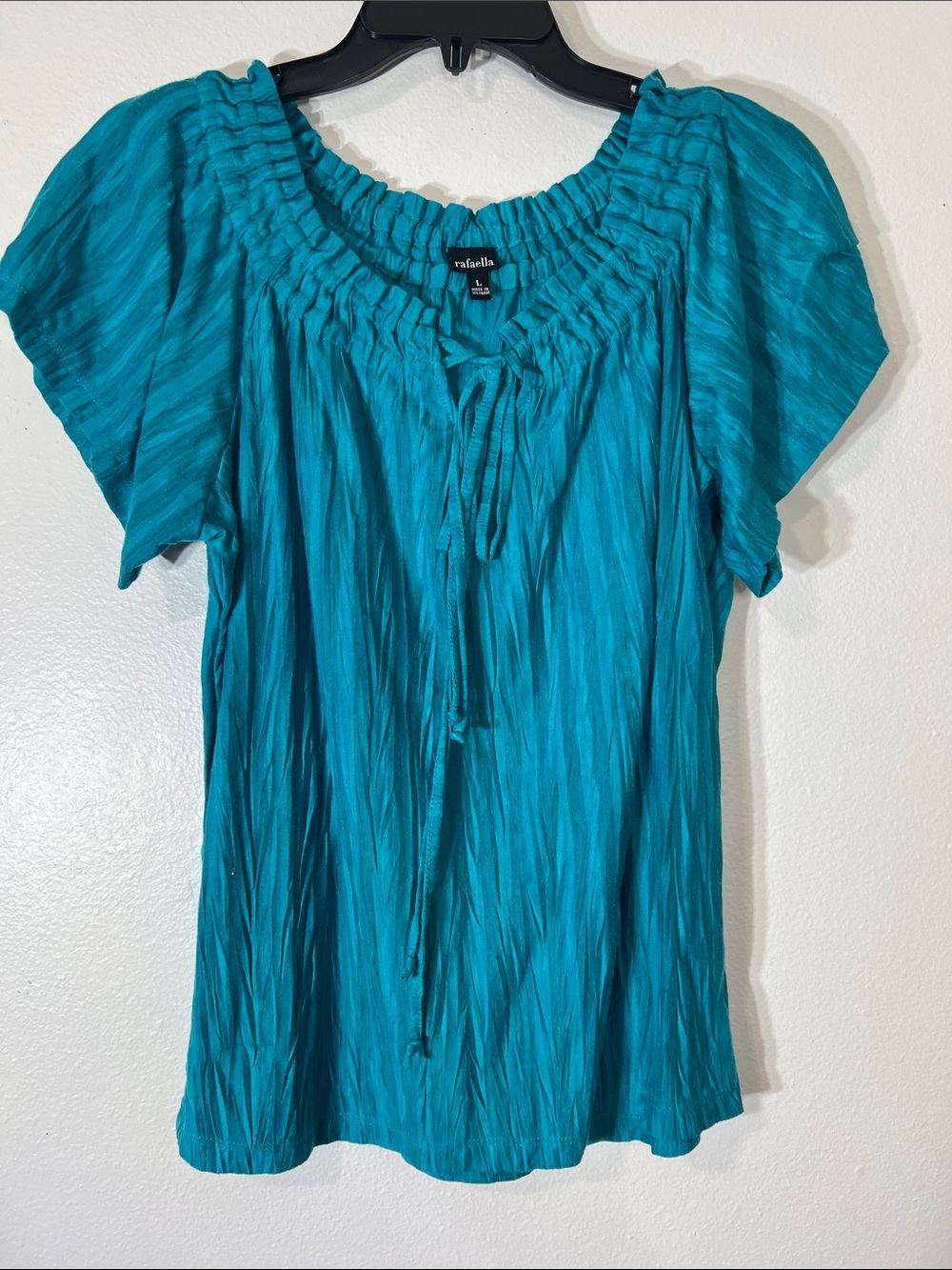 Rafaella Teal Smocked-Neck Short Sleeve Blouse